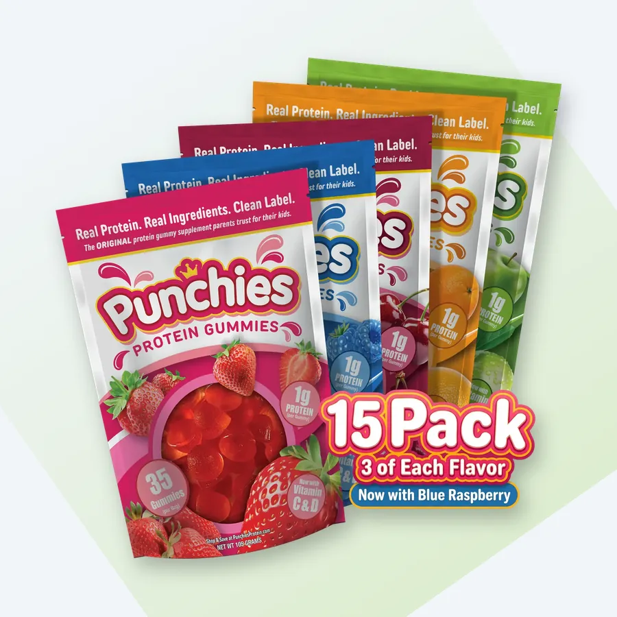 Kids protein powder: Punchies protein gummies variety pack, 15 bags
