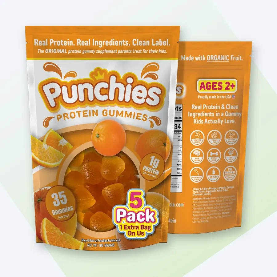 Kids protein powder: Punchies orange protein gummies, 5-bag pack