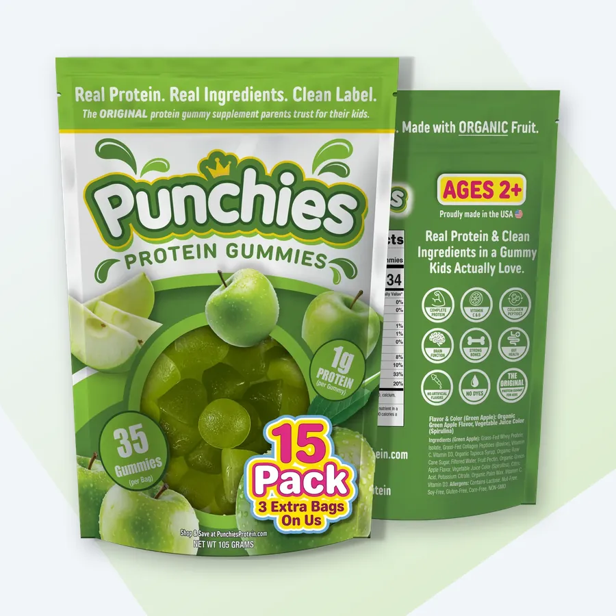 Kids protein powder: Punchies green apple protein gummies, 15-bag pack