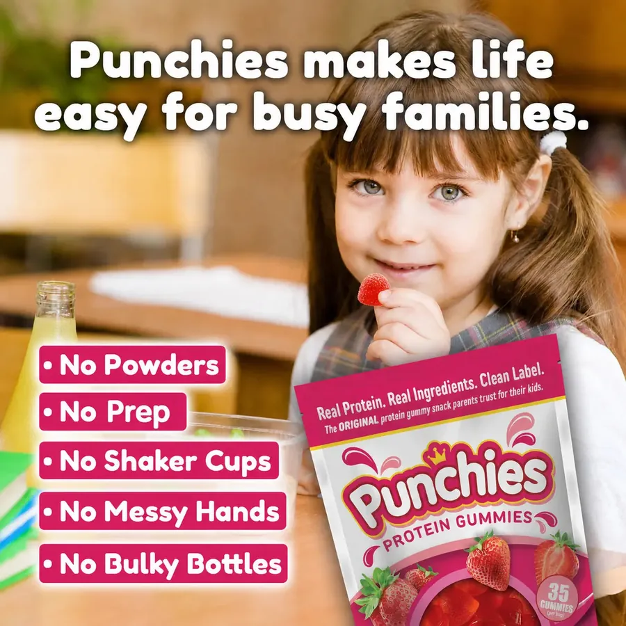 Kids protein powder: a child enjoying Punchies protein gummies, with no powders, no prep and no shaker cups